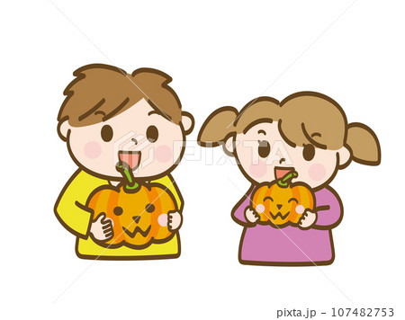 ハロウィンのカボチャを持つ男の子と女の子_小学生低学年_幼児 ハロウィンのカボチャを持つ男の子と女の子_小学生低学年_幼児 107482753