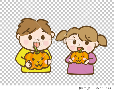 ハロウィンのカボチャを持つ男の子と女の子_小学生低学年_幼児 ハロウィンのカボチャを持つ男の子と女の子_小学生低学年_幼児 107482753