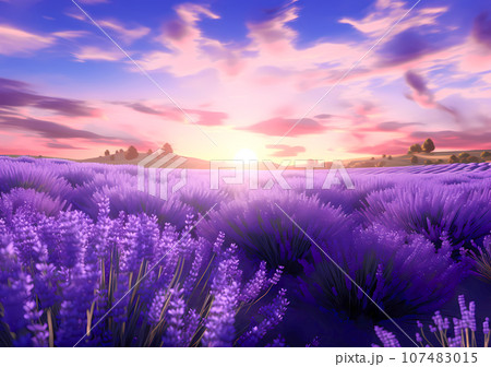 夕日が映えるラベンダー畑 夕日が映えるラベンダー畑 107483015