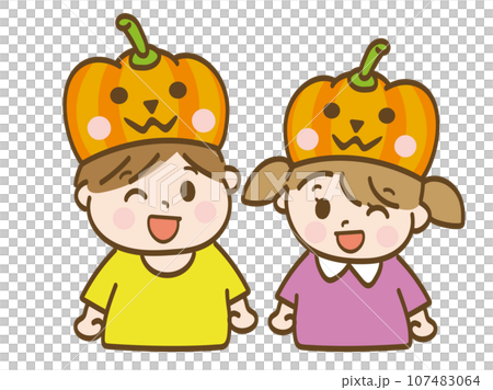 ハロウィンのカボチャの帽子をかぶる男の子と女の子_小学生低学年_幼児 107483064