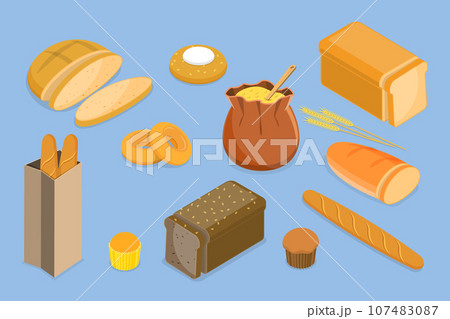 3D Isometric Flat Vector Set of Different Types of Bread 3D Isometric Flat Vector Set of Different Types of Bread 107483087