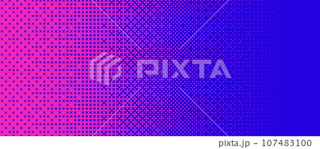 Pixelated bitmap gradient texture. Blue and pink dither pattern background. Abstract glitchy pattern. 8 bit video game screen wallpaper. Wide pixel art retro illustration. Vector backdrop 107483100