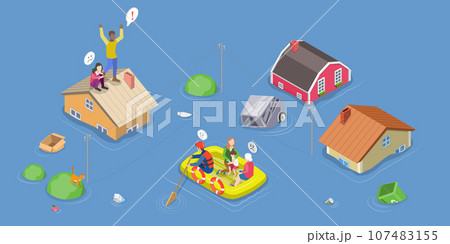 3D Isometric Flat Vector Conceptual Illustration of Flood Rescue 107483155