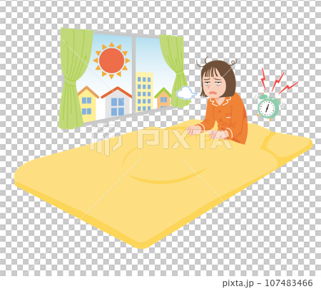 Young woman wakes up exhausted in the morning, futon 107483466