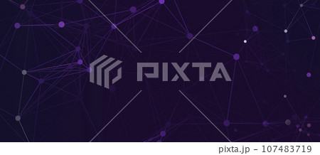 Texture chaotic communication network. Pattern connecting lines, dots, glow stars. Purple  background frame. 107483719