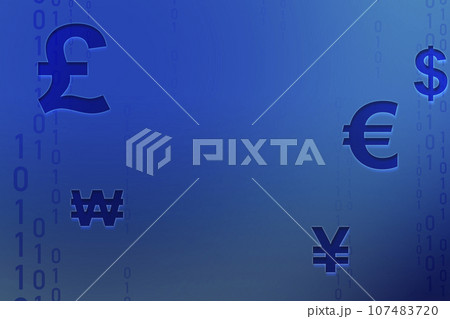 Various currency symbols displayed on a vibrant blue background. The symbols represent different global currencies such as the US dollar, Euro, British pound, Japanese yen, and many others. 107483720