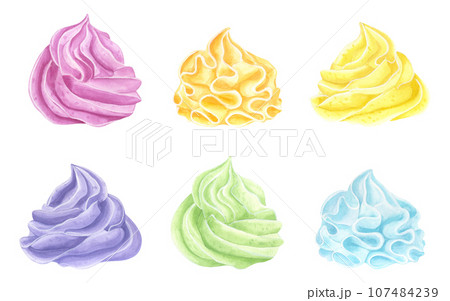 Banner rainbow multicolored buttercream, sweet whipped cream, ice cream, marshmallows. Food clipart cupcakes muffins. Hand drawn watercolor illustration isolated on white background 107484239