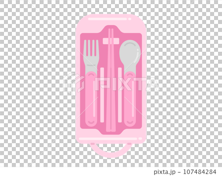 Illustration of a pink cutlery set in a case for kids 107484284