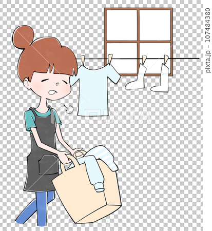 家庭主婦在室內晾衣服的插圖 107484380