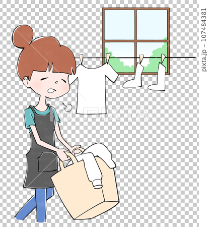 在陽光明媚的日子裡，一位家庭主婦在室內晾曬衣服的插圖 107484381