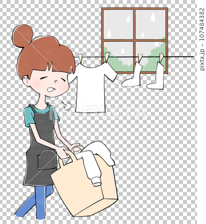 Illustration of a housewife drying clothes indoors on a rainy day 107484382