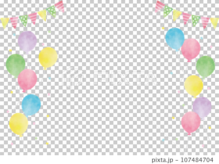 Watercolor colorful balloons and garland frame Watercolor colorful balloons and garland frame 107484704