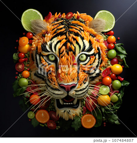 Image of tiger face made with vegetables and fruits on clean background. Wildlife Animals. Illustration, Generative AI. 107484807