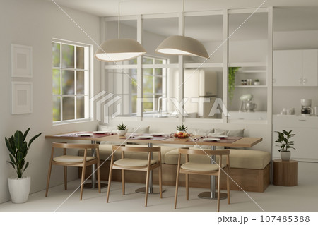 Interior design of a modern minimal dining room with a wooden dining table, wooden chairs 107485388