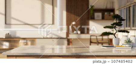 Copy space on a with a blurred cozy Scandinavian living room in the background. 107485402