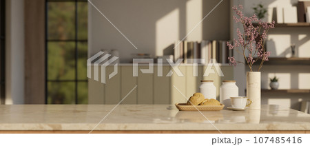 Empty space on a marble tabletop or countertop in a cozy Scandinavian room. Empty space on a marble tabletop or countertop in a cozy Scandinavian room. 107485416