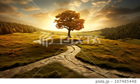 ぽつんと立った1本の木へと続く道の風景「AI生成画像」 ぽつんと立った1本の木へと続く道の風景「AI生成画像」 107485448
