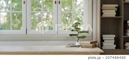 Copy space on a white tabletop against the window and a bookshelf. 107486480