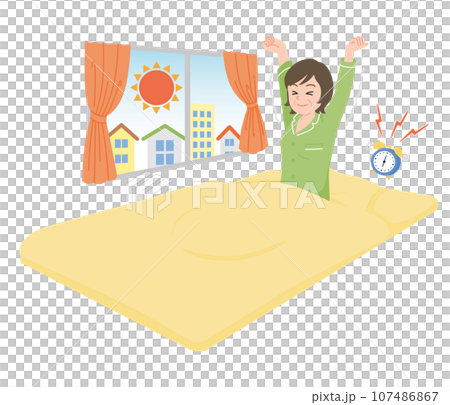 起きる　スッキリ　中年女性　布団 107486867