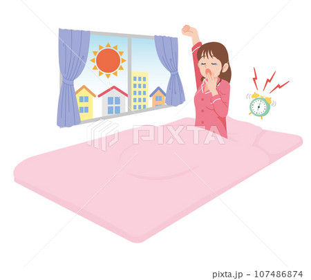 起きる　あくび　若い　女性　布団 107486874