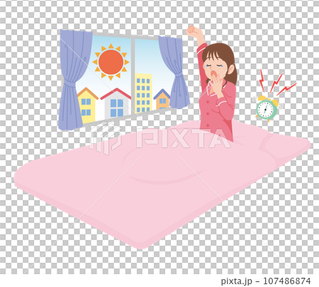 起きる　あくび　若い　女性　布団 107486874