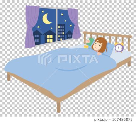 睡覺時使用智慧型手機的年輕女性 睡覺時使用智慧型手機的年輕女性 107486875