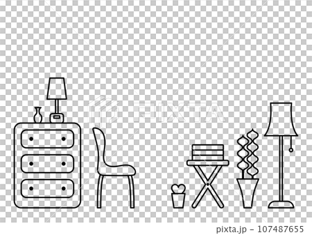 タンスや椅子を並べた部屋のモノトーンイラスト タンスや椅子を並べた部屋のモノトーンイラスト 107487655