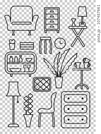 ソファやタンスなどの家具セットのモノトーンイラスト ソファやタンスなどの家具セットのモノトーンイラスト 107487661