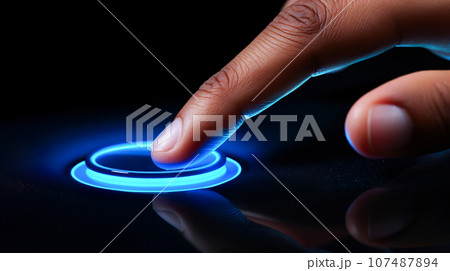 青く光るボタンを押す指「AI生成画像」 107487894
