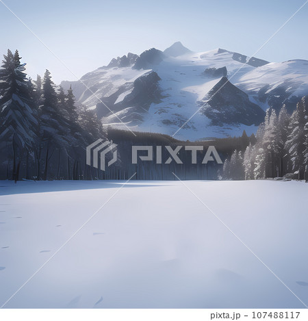 雪景色が広がり、空も白く山や樹もあり、全体的に白い景色を描いたイラスト 107488117
