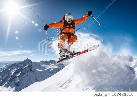Skier skiing and jumping on snowy slope in the mountains. Adventure sport activity in the winter season. Generative AI. 107488616