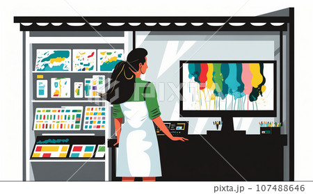 店の商品レイアウトを考えている女性