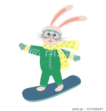 Cute rabbit snowboarding. Bunny boy in a warm winter clothes. Cartoon forest character. Cute rabbit snowboarding. Bunny boy in a warm winter clothes. Cartoon forest character. 107488697