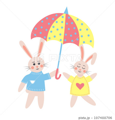 Cute rabbits in love under umbrella. Bunny boy with happy bunny girl. Cartoon forest characters. 107488706