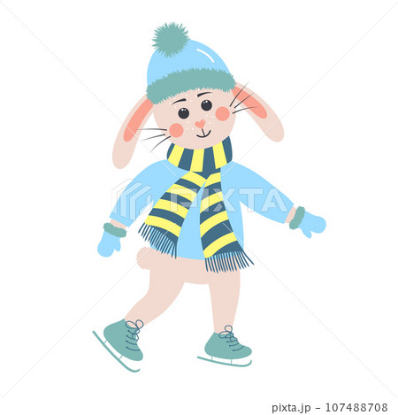 Cute rabbit on skates. Bunny boy in winter clothes. Cartoon forest character. 107488708