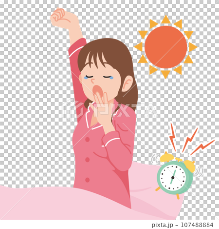 起きる　あくび　若い女性　アップ　白バック 107488884