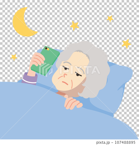 老婦人睡覺時使用智慧型手機，特寫，白色背景 107488895