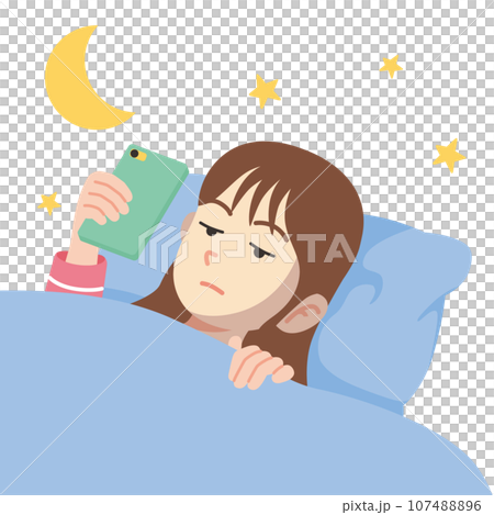 年輕女性在睡覺時使用智慧型手機，特寫，白色背景 107488896