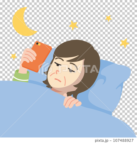 中年婦女睡覺時使用智慧型手機，白色背景，特寫 107488927