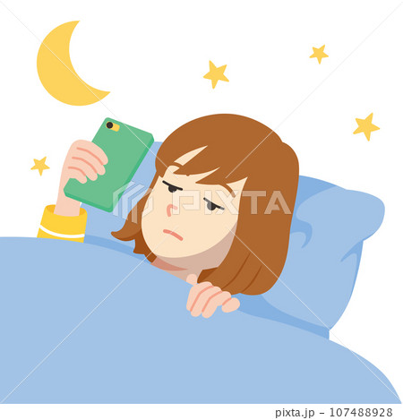 寝ながらスマホ 若い女性 アップ 白バック 寝ながらスマホ 若い女性 アップ 白バック 107488928