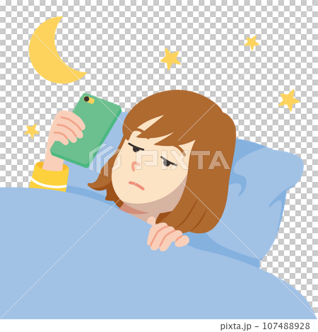 寝ながらスマホ 若い女性 アップ 白バック 寝ながらスマホ 若い女性 アップ 白バック 107488928