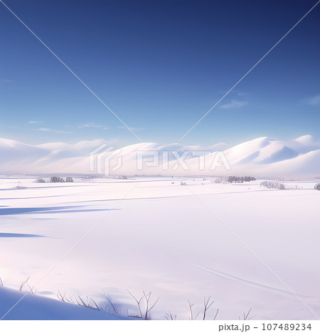一面の雪景色と雪山と濃い青い空が広がってある風景を描いたイラスト 107489234