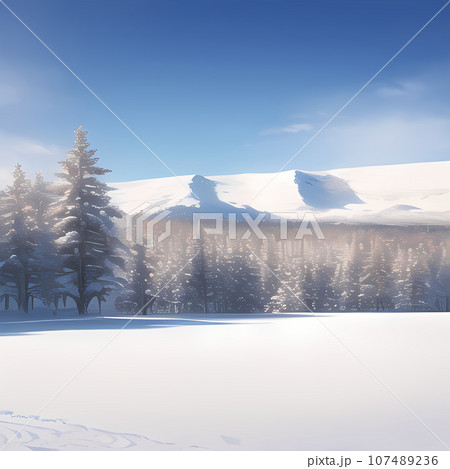 雪景色が広がり、青い空や樹々を描いたイラスト 雪景色が広がり、青い空や樹々を描いたイラスト 107489236