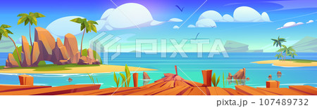 Old wooden pier on sunny beach Old wooden pier on sunny beach 107489732