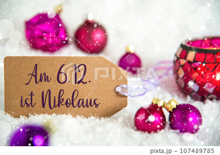 Label German Text Nikolaus, Means Happy Nikolaus, Snow, Purple Christmas Decor 107489785