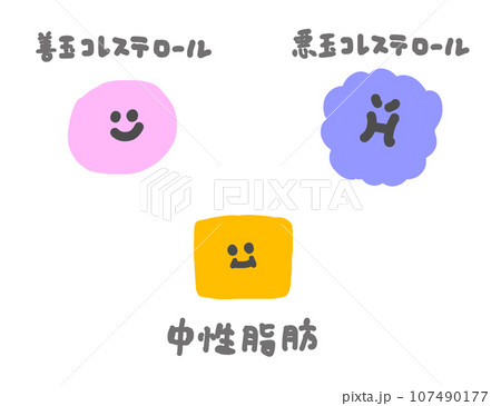 日本語説明付きコレステロールと中性脂肪の可愛いキャラクターイラスト 107490177
