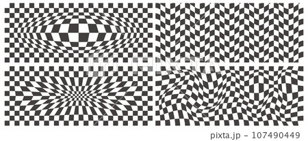 Checkerboard wavy pattern. Abstract chess square print. Black and white psychedelic optical illusion. Warped flag with geometric graphic. Y2k design for banner Checkerboard wavy pattern. Abstract chess square print. Black and white psychedelic optical illusion. Warped flag with geometric graphic. Y2k design for banner 107490449
