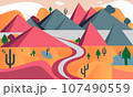 A stylized highdetailed wideangled landscape with a beautiful Desert with Cactus and Mountains 107490559