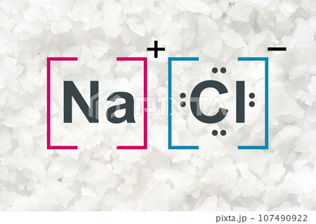 Flake salt on white laboratory table with molecular structure. Top View 107490922