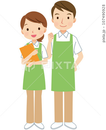 エプロンをつけた男女　介護士　ヘルパー 107490928